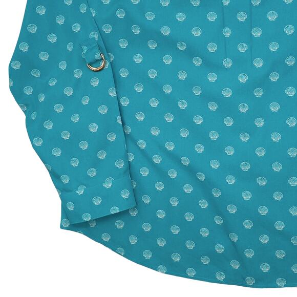 Chicos Blouse Womens 2 Large Tab Sleeve No Iron Hardware Seashell Button Blue - Picture 12 of 13